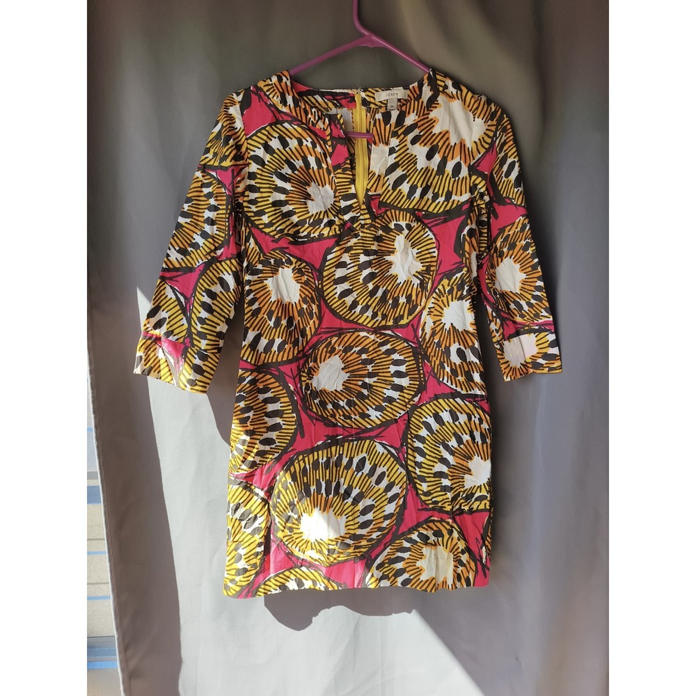 J.Crew Pink Yellow Abstract Medallion Print Split Neck Shift Dress Size 00